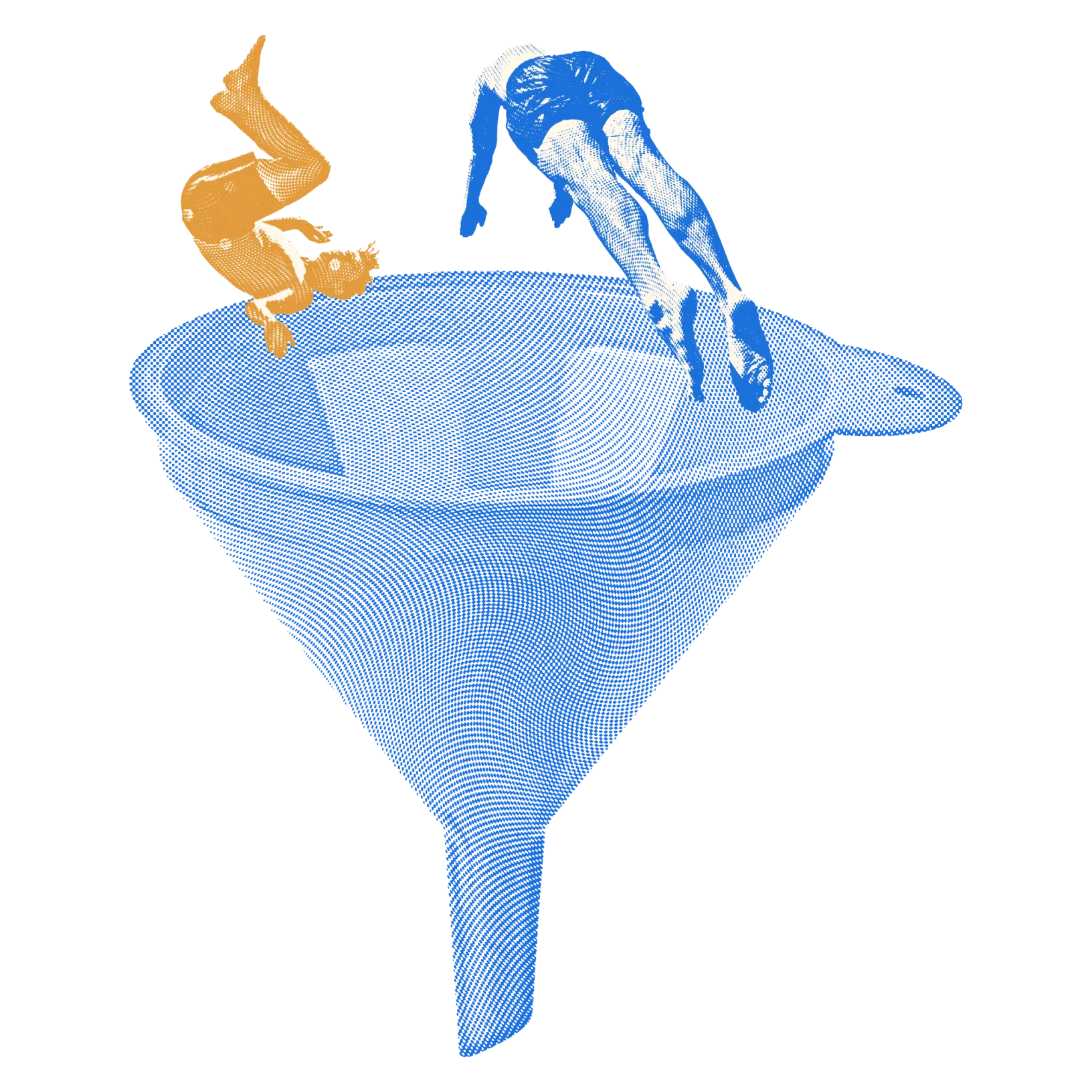 Two people diving into a funnel, illustrating capturing search demand