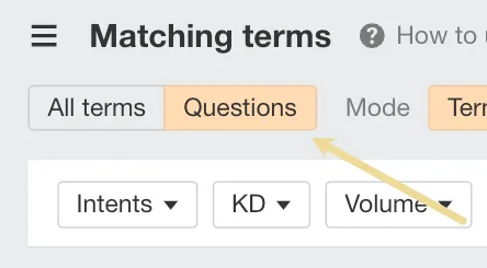 Analyzing the Questions keyword report in Ahrefs